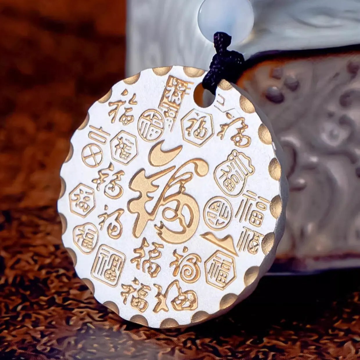 Taoist "Blessings & Health" Solid Silver Pendant - Silver Round Necklace Amulet for Protection, Good Health & Peace, Unisex Taoism Jewelry Tao Stones