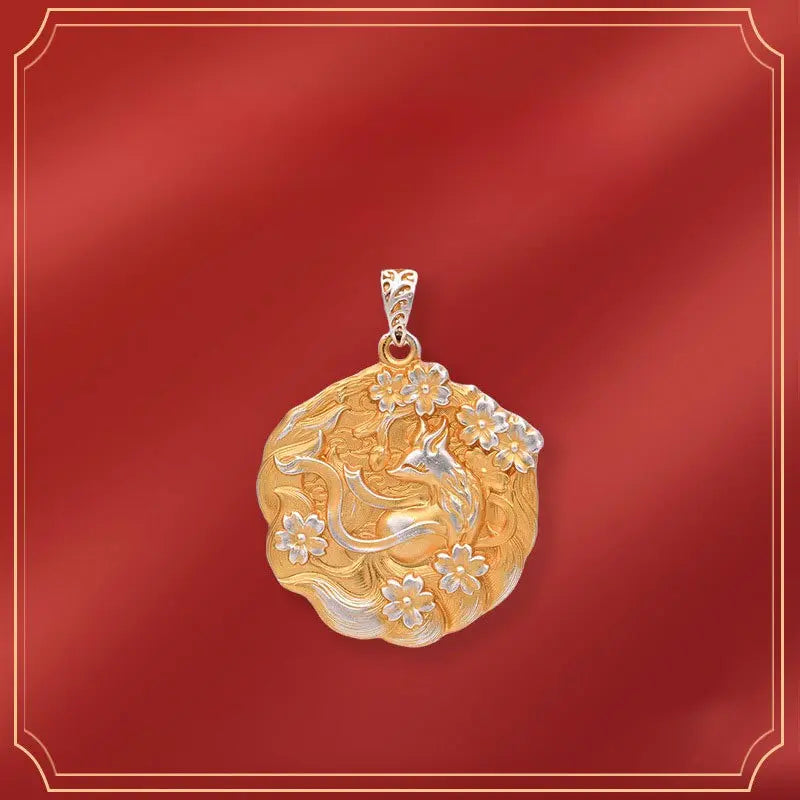 Sterling Silver Fox & Peach Blossom Pendant Necklace for Blessing - "Enchanted Fox" Pure Silver Talisman Necklace with Peach Blossoms Tao Stones