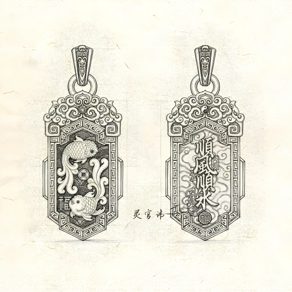 Hand-drawn design sketch of the double-sided double koi pendant showing both the koi fish side and the calligraphy side with Lingguan guardian seal annotation