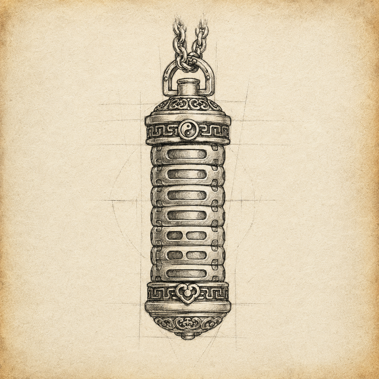 Original design sketch of the Revolving Mantra copper pendant — pencil rendering showing the cylindrical form, yin-yang symbol, Bagua trigram segments, meander patterns, and ruyi motif on aged parchment