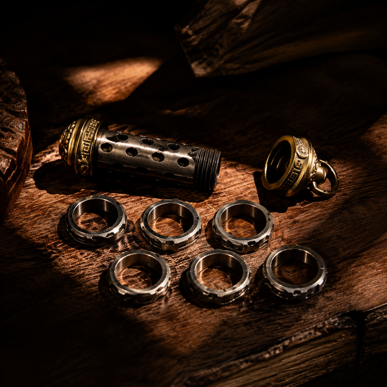 Revolving Mantra pendant fully disassembled on dark wood surface — hollow silver cylinder body, threaded brass end cap, and six individual silver trigram rings, demonstrating modular precision craftsmanship