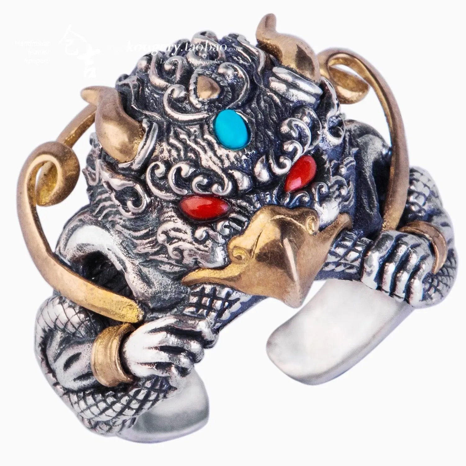 Tao Stones Garuda Phoenix Brass Ring with Gemstone