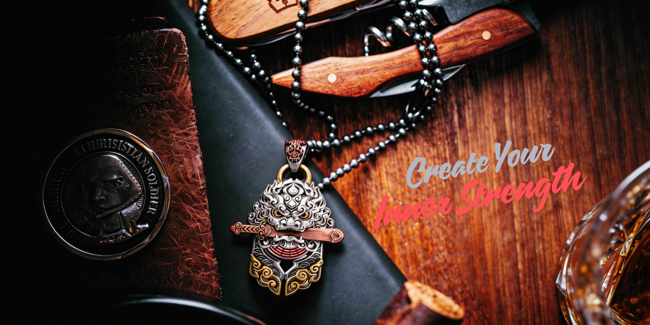 Lion guardian pendant with sword for inner strength protection.