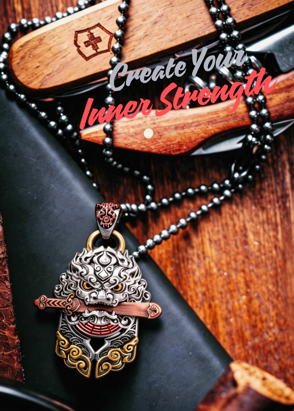 Lion guardian pendant with sword for inner strength protection.