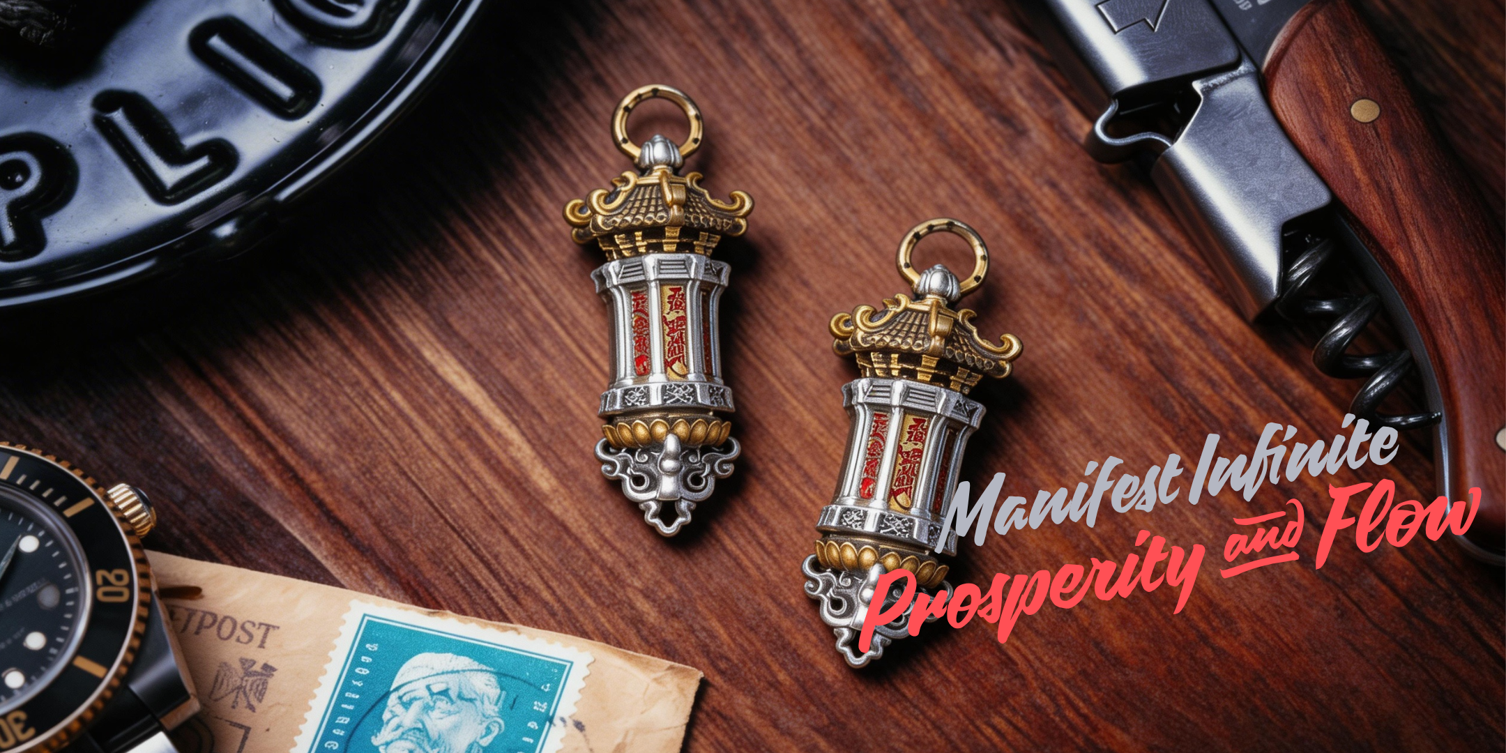 Gold and silver pagoda pendants for prosperity and wealth flow.