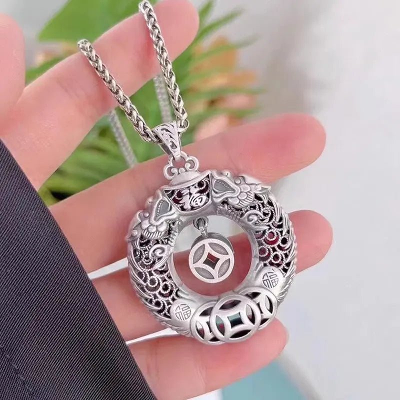 Tao Stones Silver Double Dragon Health & Blessing Pendant Necklace