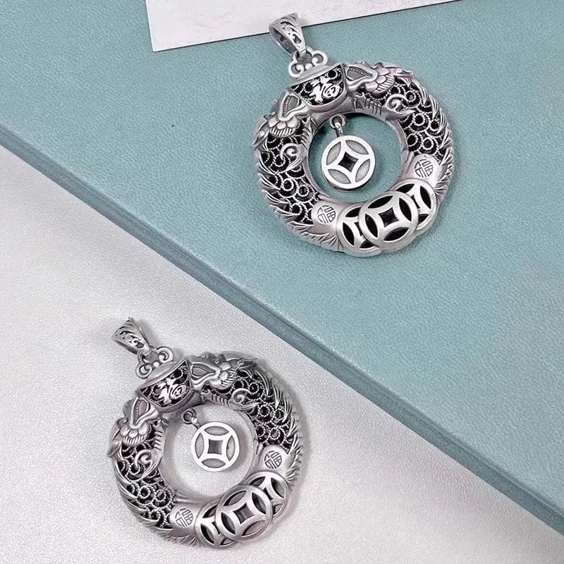 Tao Stones Silver Double Dragon Health & Blessing Pendant Necklace