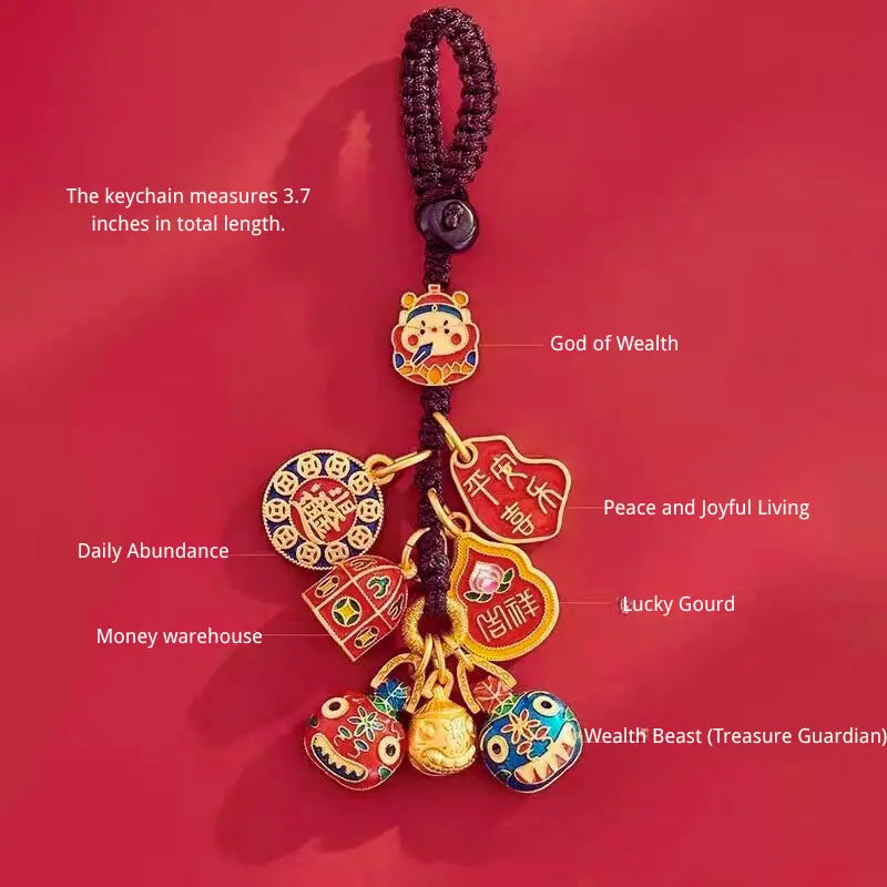 Tao Stones Wealth Trinity Copper Keychain – God of Fortune & Gold Guardian