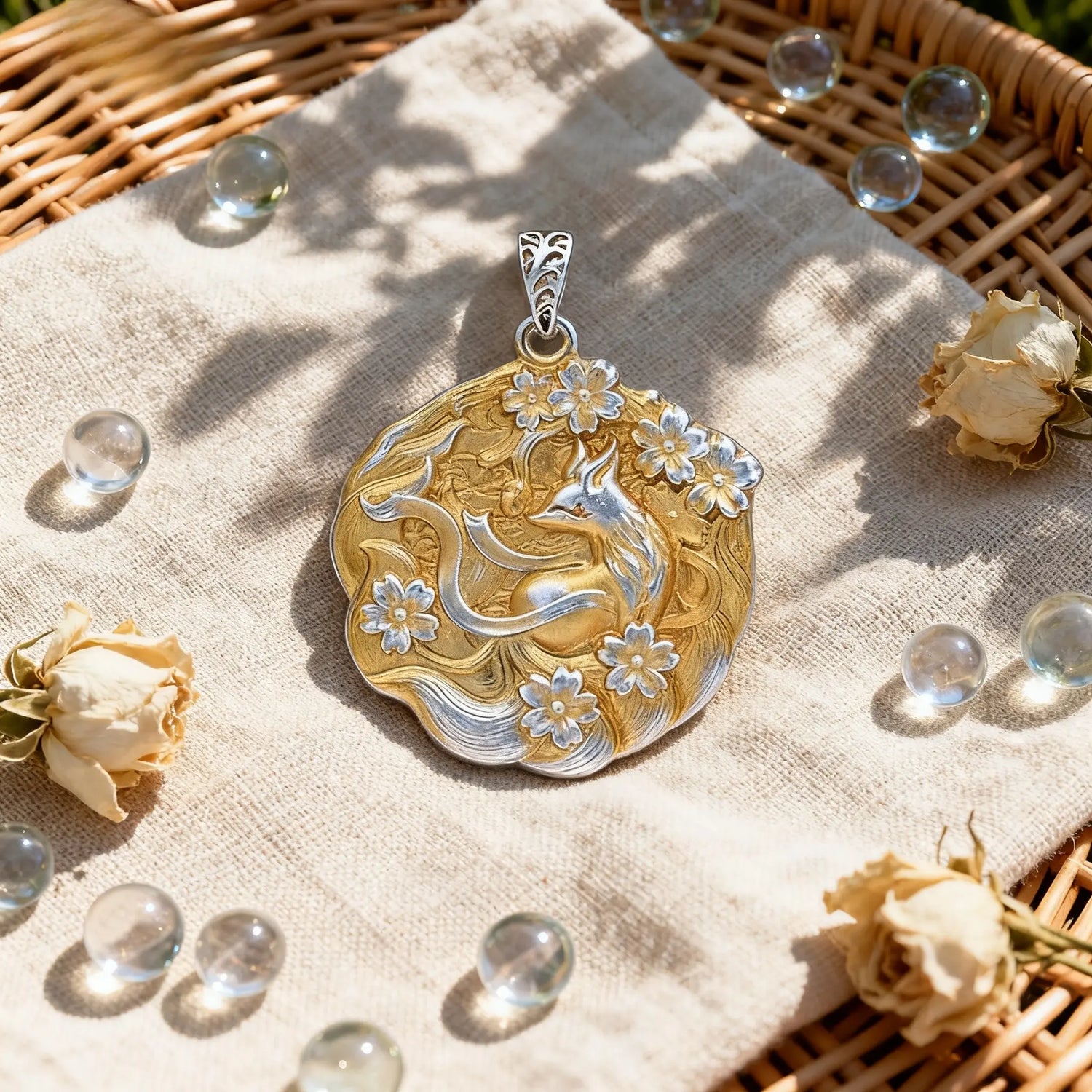 Sterling Silver Fox & Peach Blossom Pendant Necklace for Blessing - "Enchanted Fox" Pure Silver Talisman Necklace with Peach Blossoms