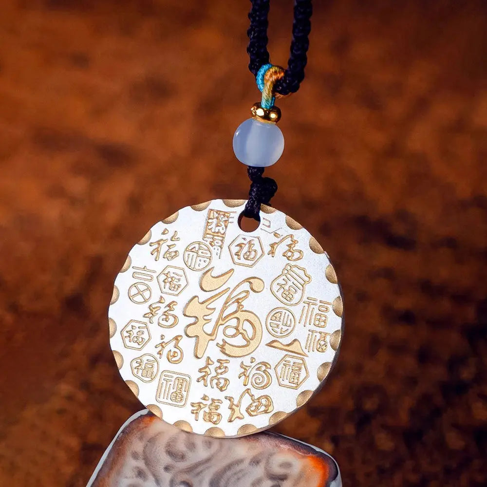 Taoist "Blessings & Health" Solid Silver Pendant - Silver Round Necklace Amulet for Protection, Good Health & Peace, Unisex Taoism Jewelry