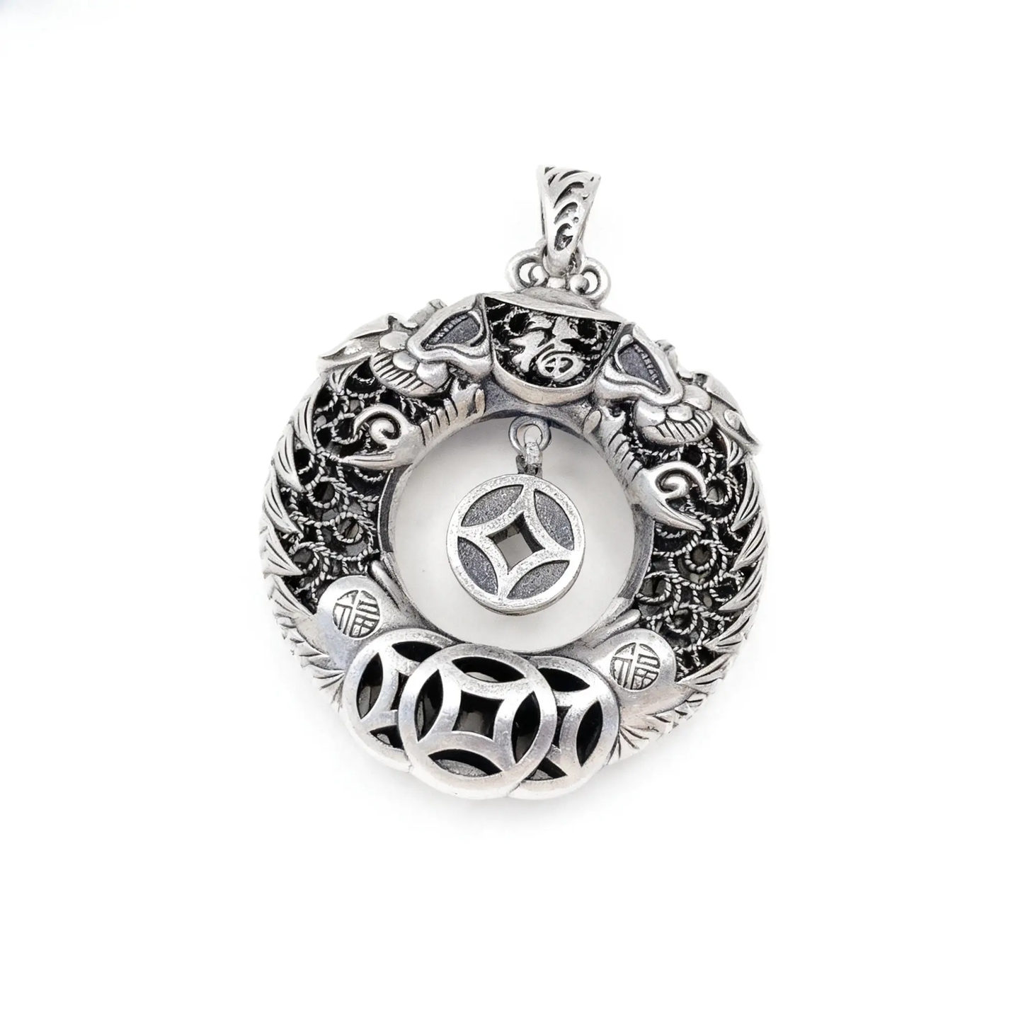 Sterling Silver Double Dragon Health & Blessing Pendant Necklace - Talisman for Health Tao Stones