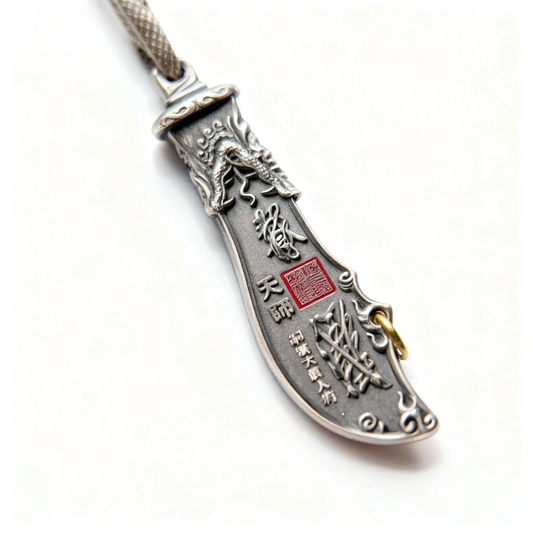 Taoist God Guan Gong Exorcism Keychain - Antique Brass Lord Guan Yu Glaive Talisman for Protection, Banishing Evil & Misfortune, Chinese Taoism Amulet Keyring Tao Stones