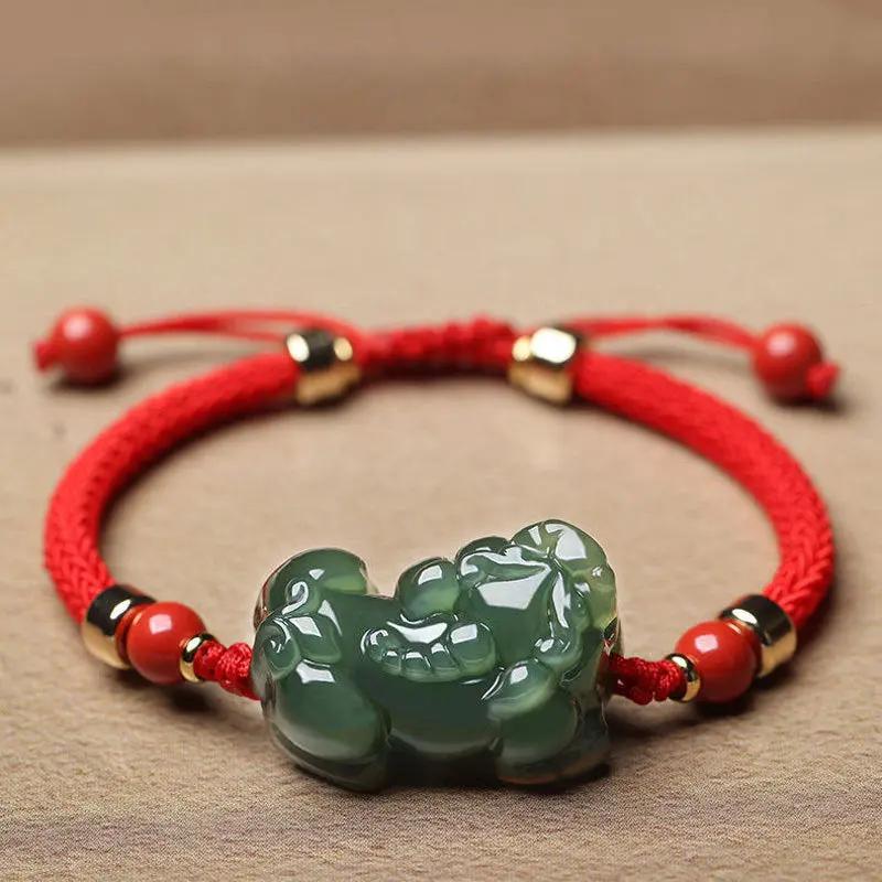 Love Guardian Pi Xiu Couple Bracelets - Hetian Green Jade & Red String Set, Matching Relationship Talisman, Taoist Jewelry to Strengthen Your Bond Tao Stones