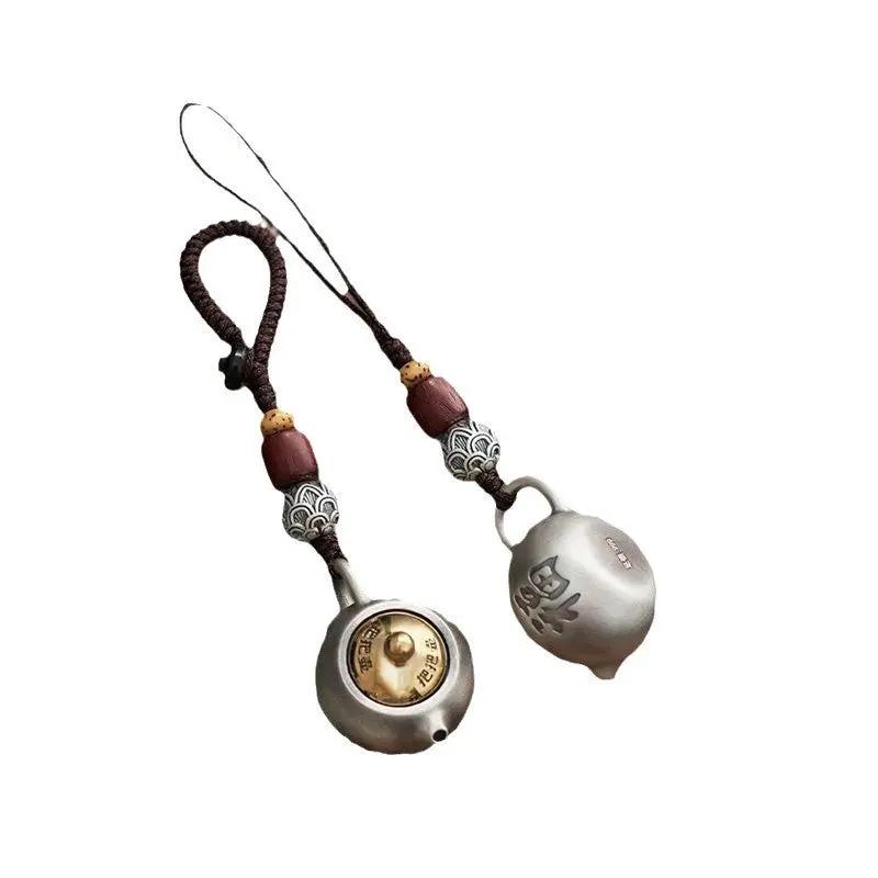 Solid Silver Teapot Keychain - Taoist Style Health Preservation Amulet, Miniature Antique Teacup Pendant for Wellness & Protection Tao Stones