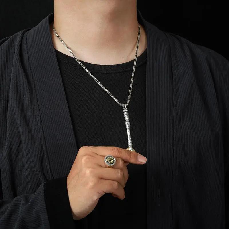 Taoist Silver Golden Cudgel Pendant - Retro "Black Myth: Wukong" Necklace for Evil Spirit Protection & Safe Travel, Sun Wukong Talisman Amulet Tao Stones