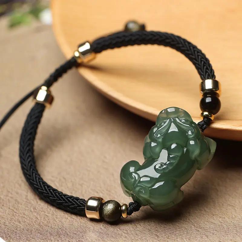 Love Guardian Pi Xiu Couple Bracelets - Hetian Green Jade & Red String Set, Matching Relationship Talisman, Taoist Jewelry to Strengthen Your Bond Tao Stones