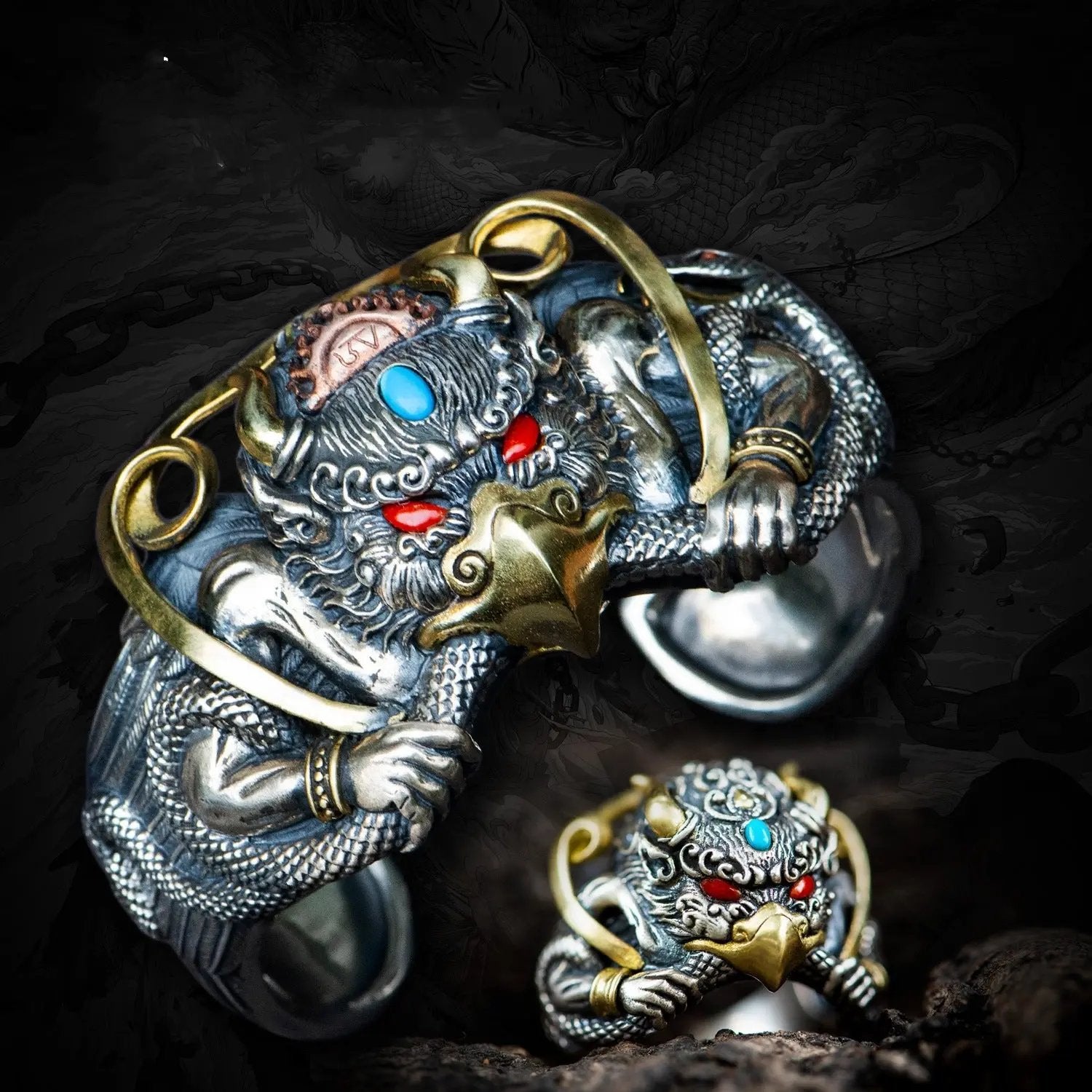 Handmade Garuda Phoenix Brass Ring with Gemstone - Antique Tibetan Buddhist Style Mythical Bird Ring, Vintage Unisex Statement Jewelry Tao Stones