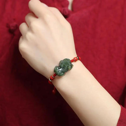 Love Guardian Pi Xiu Couple Bracelets - Hetian Green Jade & Red String Set, Matching Relationship Talisman, Taoist Jewelry to Strengthen Your Bond Tao Stones