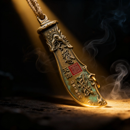 Taoist God Guan Gong Exorcism Keychain - Antique Brass Lord Guan Yu Glaive Talisman for Protection, Banishing Evil & Misfortune, Chinese Taoism Amulet Keyring Tao Stones