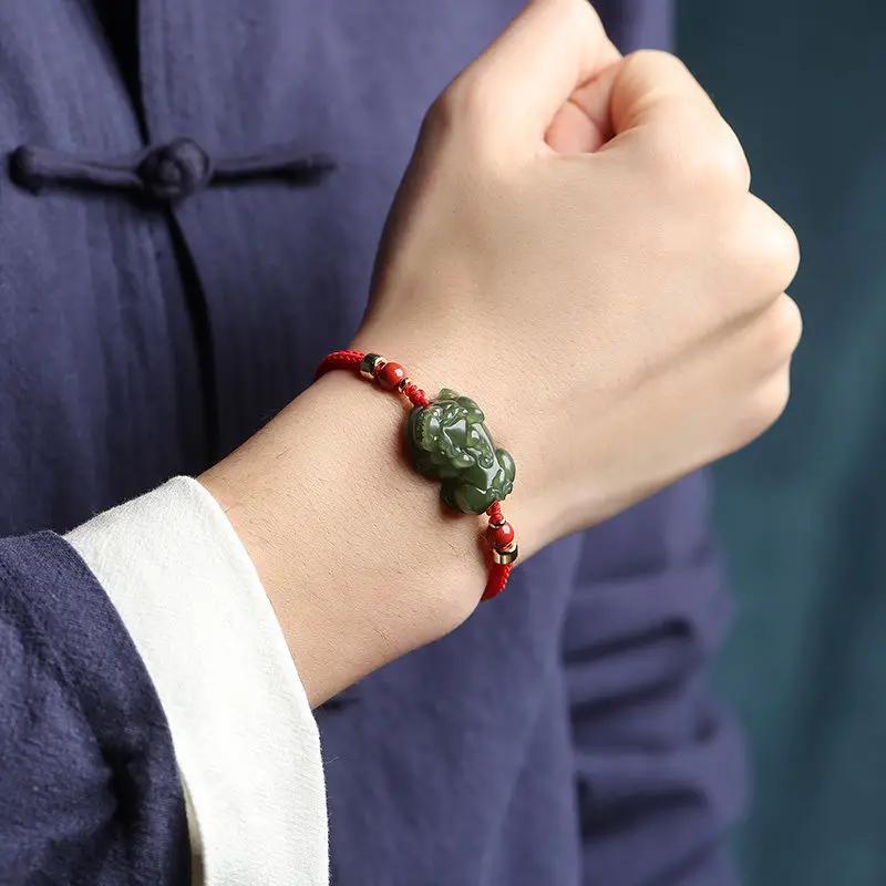 Love Guardian Pi Xiu Couple Bracelets - Hetian Green Jade & Red String Set, Matching Relationship Talisman, Taoist Jewelry to Strengthen Your Bond Tao Stones