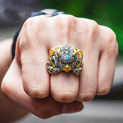 Handmade Garuda Phoenix Brass Ring with Gemstone - Antique Tibetan Buddhist Style Mythical Bird Ring, Vintage Unisex Statement Jewelry Tao Stones