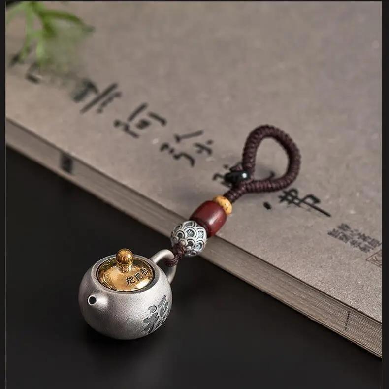 Solid Silver Teapot Keychain - Taoist Style Health Preservation Amulet, Miniature Antique Teacup Pendant for Wellness & Protection Tao Stones