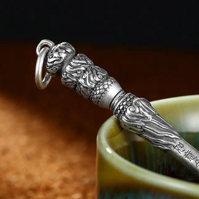 Taoist Silver Golden Cudgel Pendant - Retro "Black Myth: Wukong" Necklace for Evil Spirit Protection & Safe Travel, Sun Wukong Talisman Amulet Tao Stones