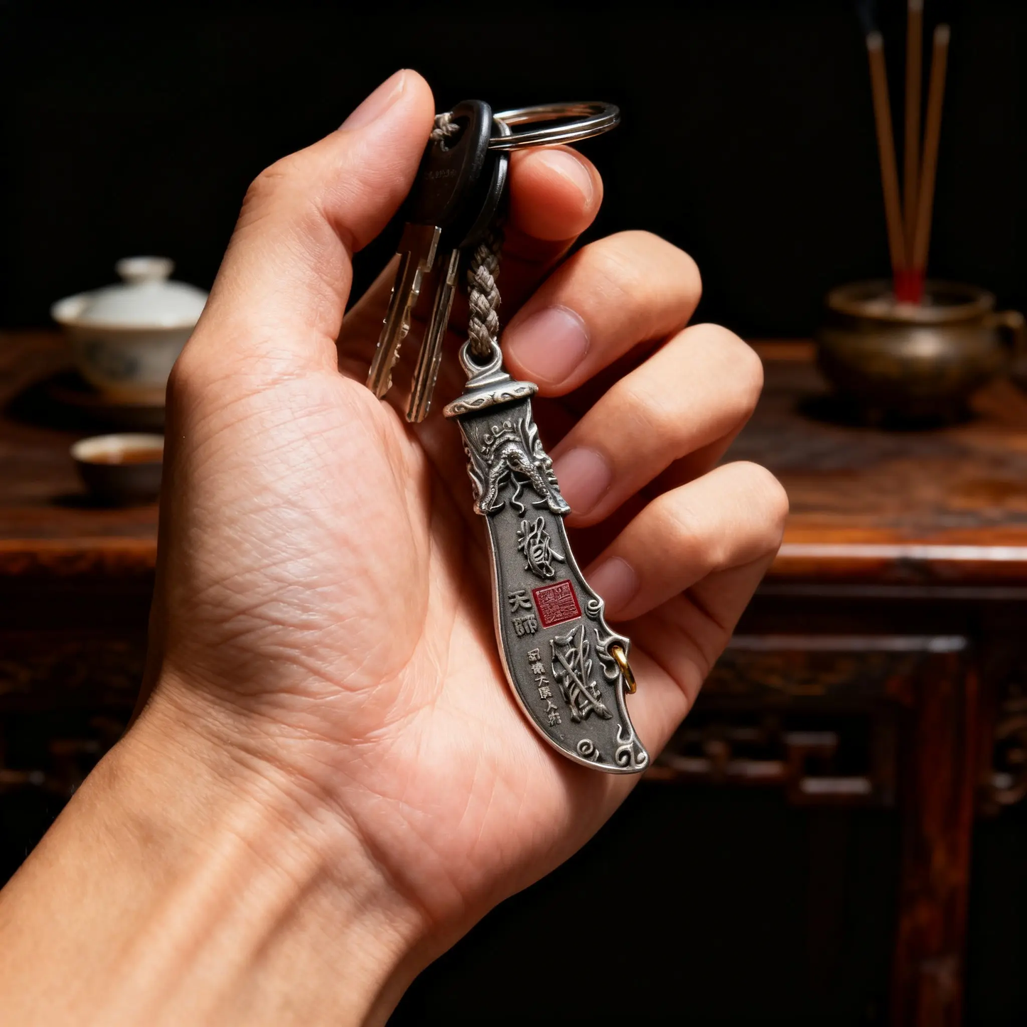 Taoist God Guan Gong Exorcism Keychain - Antique Brass Lord Guan Yu Glaive Talisman for Protection, Banishing Evil & Misfortune, Chinese Taoism Amulet Keyring Tao Stones