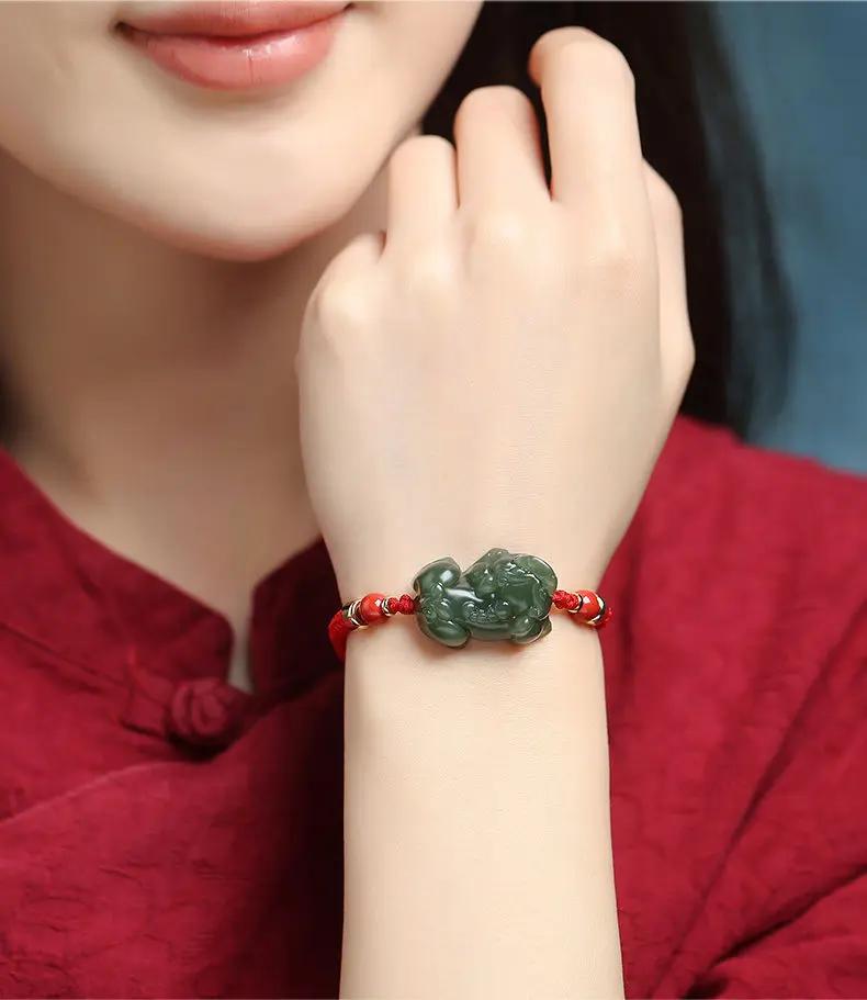 Love Guardian Pi Xiu Couple Bracelets - Hetian Green Jade & Red String Set, Matching Relationship Talisman, Taoist Jewelry to Strengthen Your Bond Tao Stones