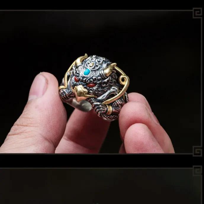 Handmade Garuda Phoenix Brass Ring with Gemstone - Antique Tibetan Buddhist Style Mythical Bird Ring, Vintage Unisex Statement Jewelry Tao Stones