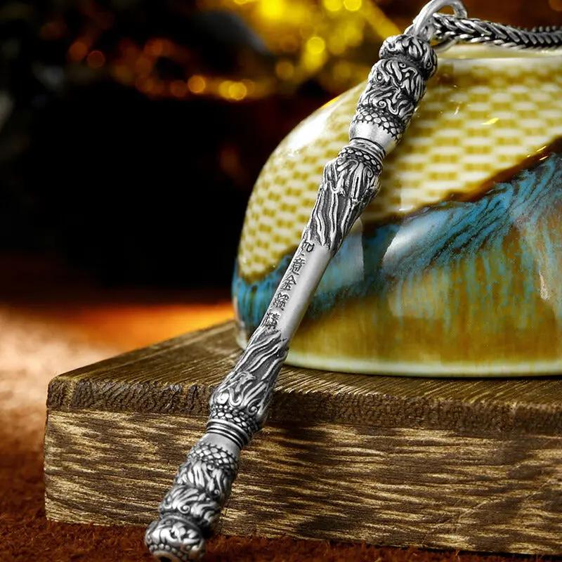 Taoist Silver Golden Cudgel Pendant - Retro "Black Myth: Wukong" Necklace for Evil Spirit Protection & Safe Travel, Sun Wukong Talisman Amulet Tao Stones
