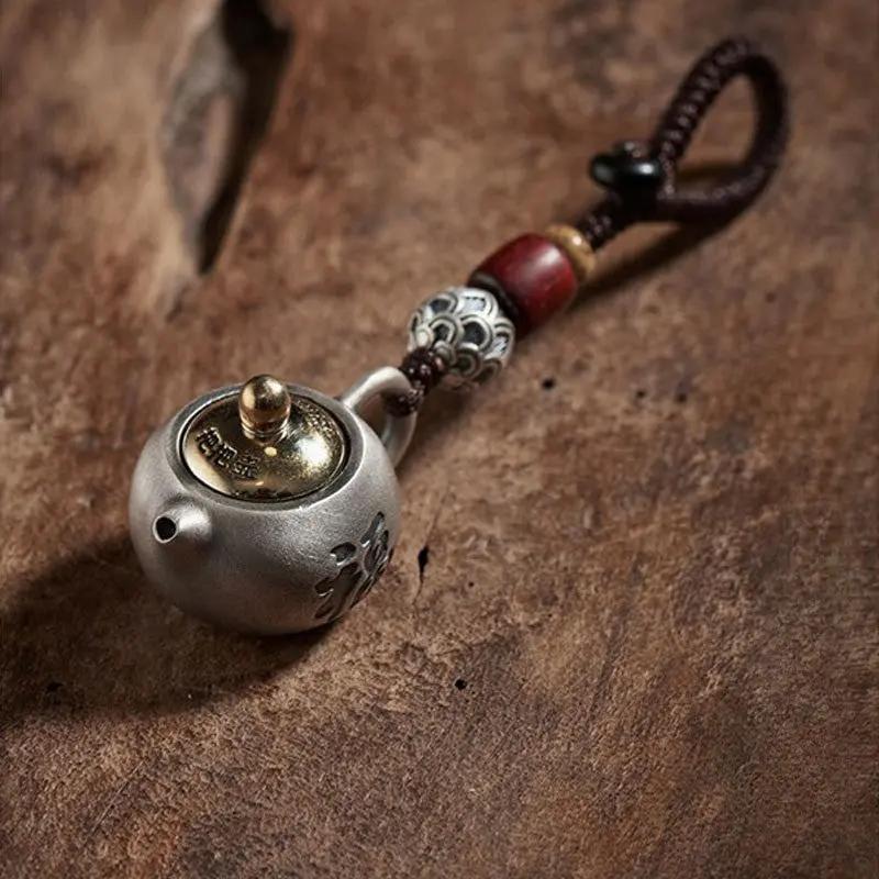 Solid Silver Teapot Keychain - Taoist Style Health Preservation Amulet, Miniature Antique Teacup Pendant for Wellness & Protection Tao Stones