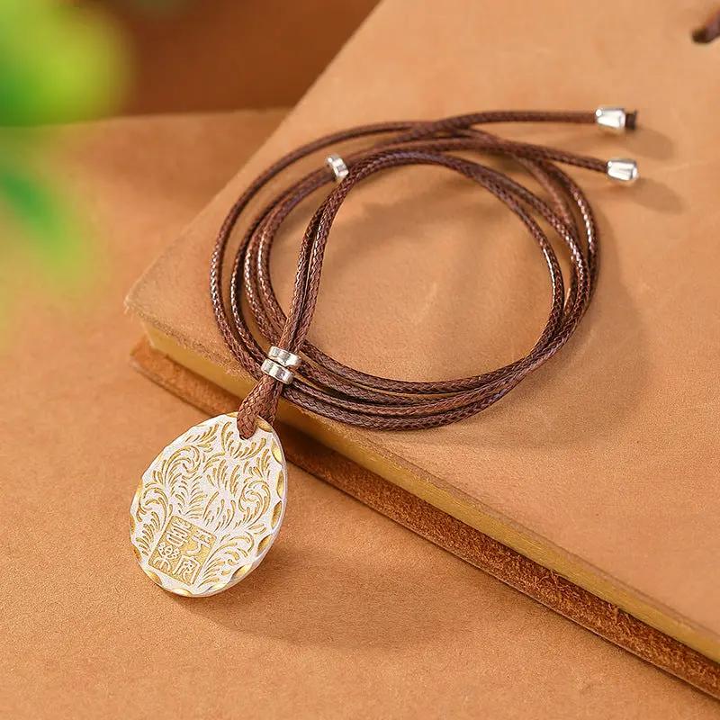 Antique Taoist "Peace & Joy" Plaque Pendant - Gold-traced Vine Scrolls for Health Protection & Harmony, Retro Chinese Amulet Necklace Tao Stones