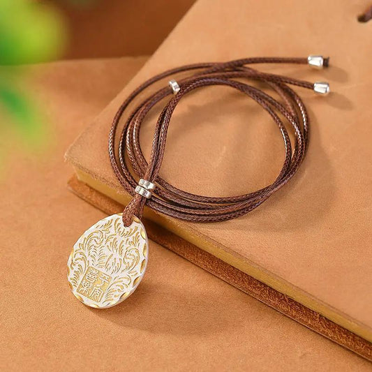 Antique Taoist "Peace & Joy" Plaque Pendant - Gold-traced Vine Scrolls for Health Protection & Harmony, Retro Chinese Amulet Necklace Tao Stones