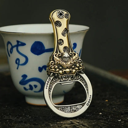 "Daily Gold Ingot" Pi Xiu Mythical Creature Brass Bottle Opener - Antique Chinese Style Fortune Talisman & Desktop Worry Stone Tao Stones