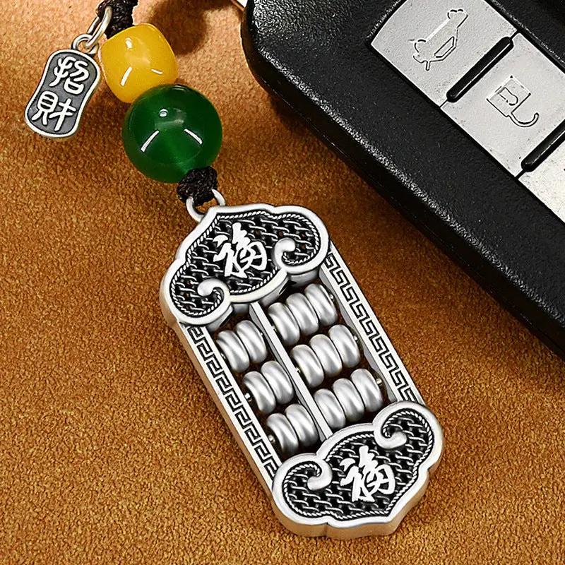 Solid Silver Abacus Keychain - Taoist Style "Ruyi" Wealth & Prosperity Talisman, Chinese Money Calculating Keyring for Financial Success & Good Fortune Tao Stones
