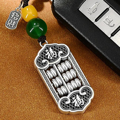 Solid Silver Abacus Keychain - Taoist Style "Ruyi" Wealth & Prosperity Talisman, Chinese Money Calculating Keyring for Financial Success & Good Fortune Tao Stones