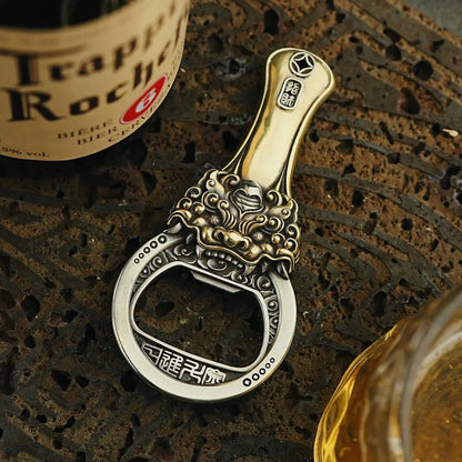 "Daily Gold Ingot" Pi Xiu Mythical Creature Brass Bottle Opener - Antique Chinese Style Fortune Talisman & Desktop Worry Stone Tao Stones