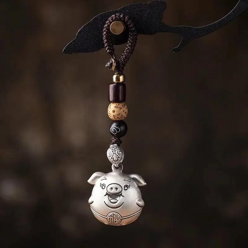 Taoist Silver Pig Keychain - Lucky Pig Good Luck Charm, Continuous Blessings Amulet Keyring for Abundance & Good Fortune Tao Stones