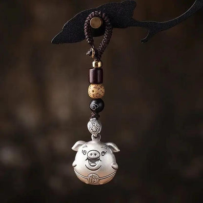 Taoist Silver Pig Keychain - Lucky Pig Good Luck Charm, Continuous Blessings Amulet Keyring for Abundance & Good Fortune Tao Stones