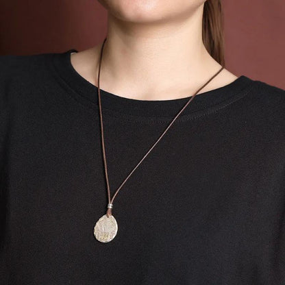 Antique Taoist "Peace & Joy" Plaque Pendant - Gold-traced Vine Scrolls for Health Protection & Harmony, Retro Chinese Amulet Necklace Tao Stones