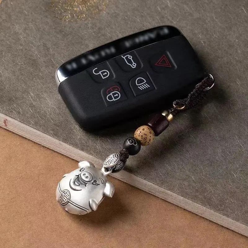 Taoist Silver Pig Keychain - Lucky Pig Good Luck Charm, Continuous Blessings Amulet Keyring for Abundance & Good Fortune Tao Stones
