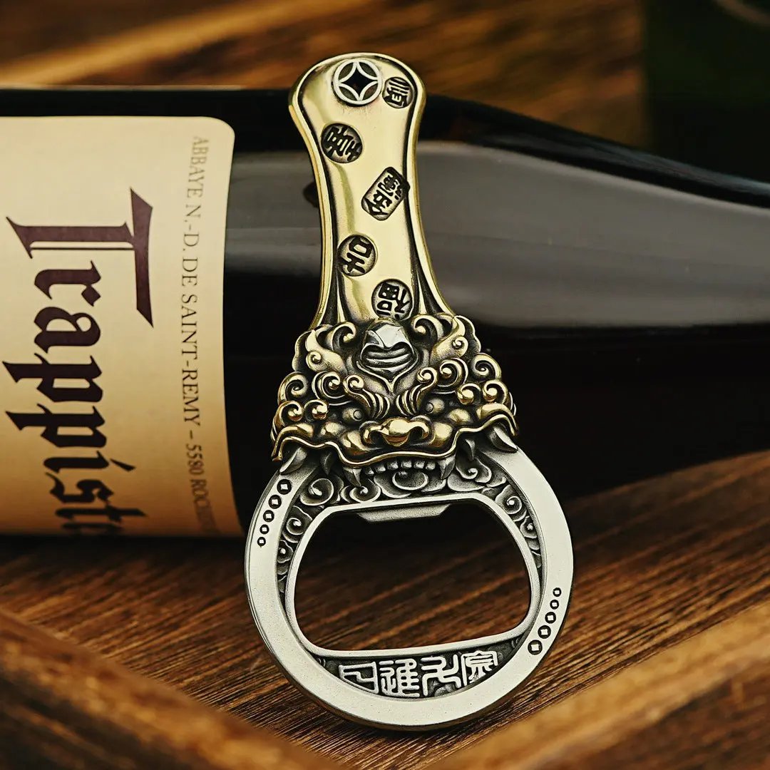 "Daily Gold Ingot" Pi Xiu Mythical Creature Brass Bottle Opener - Antique Chinese Style Fortune Talisman & Desktop Worry Stone Tao Stones