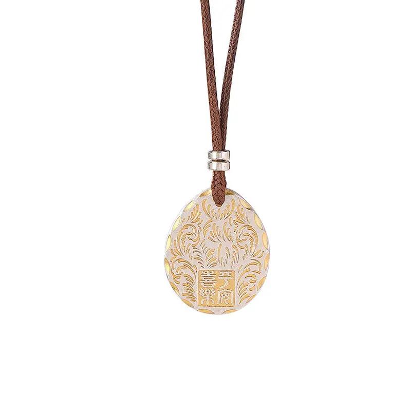 Antique Taoist "Peace & Joy" Plaque Pendant - Gold-traced Vine Scrolls for Health Protection & Harmony, Retro Chinese Amulet Necklace Tao Stones