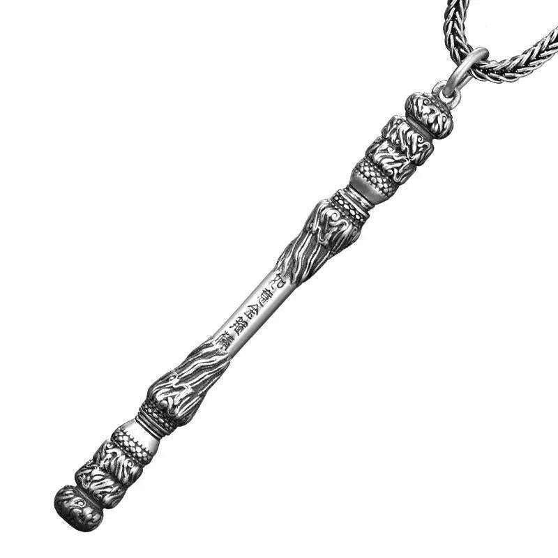 Taoist Silver Golden Cudgel Pendant - Retro "Black Myth: Wukong" Necklace for Evil Spirit Protection & Safe Travel, Sun Wukong Talisman Amulet Tao Stones