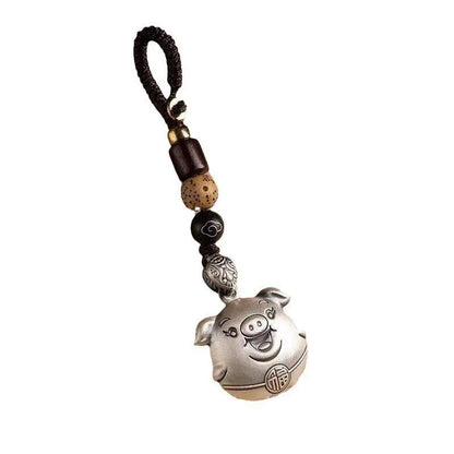 Taoist Silver Pig Keychain - Lucky Pig Good Luck Charm, Continuous Blessings Amulet Keyring for Abundance & Good Fortune Tao Stones