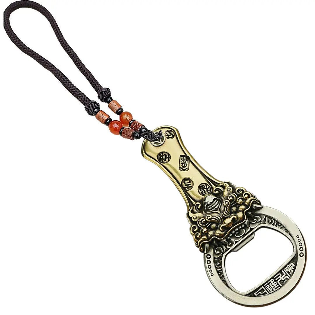 "Daily Gold Ingot" Pi Xiu Mythical Creature Brass Bottle Opener - Antique Chinese Style Fortune Talisman & Desktop Worry Stone Tao Stones