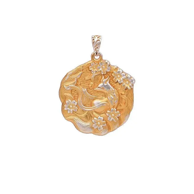 Sterling Silver Fox & Peach Blossom Pendant Necklace for Blessing - "Enchanted Fox" Pure Silver Talisman Necklace with Peach Blossoms Tao Stones
