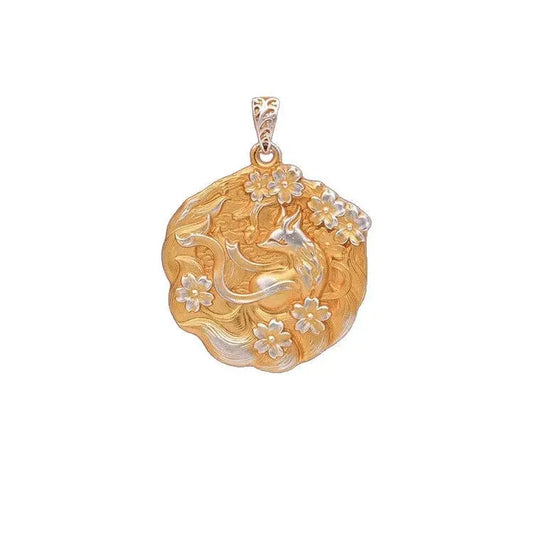 Sterling Silver Fox & Peach Blossom Pendant Necklace for Blessing - "Enchanted Fox" Pure Silver Talisman Necklace with Peach Blossoms Tao Stones