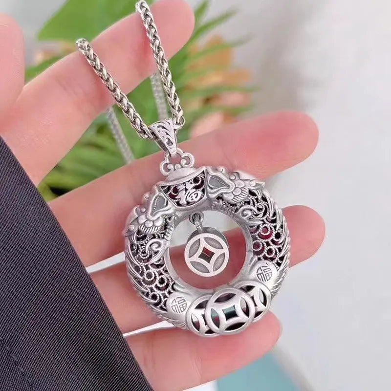 Sterling Silver Double Dragon Health & Blessing Pendant Necklace - Talisman for Health Tao Stones